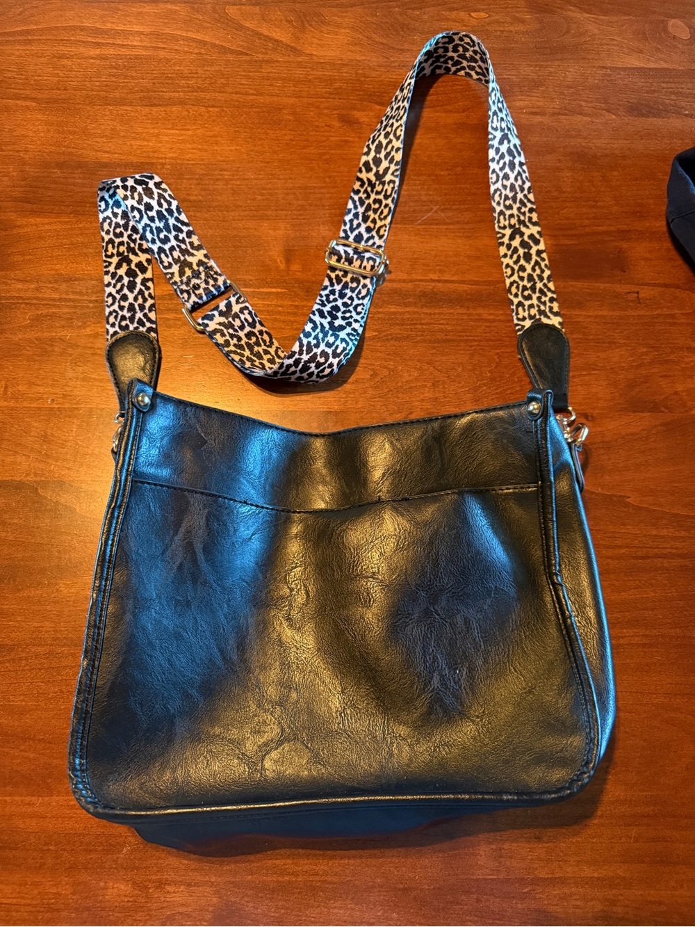 Black Leather Shoulder/Crossbody Bag with Leopard Print Strap